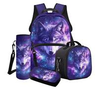 Poceacles Set di 4 zaini per ragazzi e borsa per il pranzo con borsa per la scuola alla moda astuccio portapranzo porta bottiglie d'acqua, Galassia Lupo Viola, Taglia unica, Set di zaini per la scuola