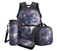 Poceacles Set di 4 zaini per ragazzi e borsa per il pranzo con borsa per la scuola alla moda astuccio portapranzo porta bottiglie d'acqua, Lupo galassia, Taglia unica, Set di zaini per la scuola