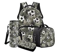 Poceacles Set di 4 zaini per ragazzi e borsa per il pranzo con borsa per la scuola alla moda astuccio portapranzo porta bottiglie d'acqua, Calcio mimetico, Taglia unica, Set di zaini per la scuola