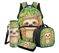 Poceacles Set di 4 zaini per ragazzi e borsa per il pranzo con borsa per la scuola alla moda astuccio portapranzo porta bottiglie d'acqua, Cartone animato Bradipo Fiore Amore Jungle, Taglia unica, Set