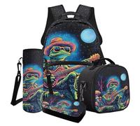 Poceacles Set di 4 zaini per ragazzi e borsa per il pranzo con borsa per la scuola alla moda astuccio portapranzo porta bottiglie d'acqua, Fungo lunare per chitarra rana, Taglia unica, Set di zaini