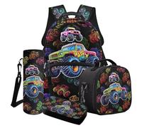 Poceacles Set di 4 zaini per ragazzi e borsa per il pranzo con borsa per la scuola alla moda astuccio portapranzo porta bottiglie d'acqua, Monster Truck multicolore, Taglia unica, Set di zaini per la