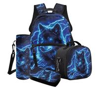 Poceacles Set di 4 zaini per ragazzi e borsa per il pranzo con borsa per la scuola alla moda astuccio portapranzo porta bottiglie d'acqua, Lupo Fulmine Blu Nero, Taglia unica, Set di zaini per la