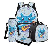 Poceacles Set di 4 zaini per ragazzi e borsa per il pranzo con borsa per la scuola alla moda astuccio portapranzo porta bottiglie d'acqua, Axolotl - Nota musicale per chitarra, colore: Blu, Taglia