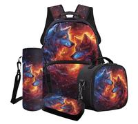 Poceacles Set di 4 zaini per ragazzi e borsa per il pranzo con borsa per la scuola alla moda astuccio portapranzo porta bottiglie d'acqua, Lupo Fiamma Blu Rosso, Taglia unica, Set di zaini per la