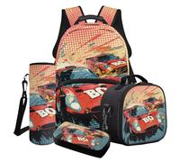 Poceacles Set di 4 zaini per ragazzi e borsa per il pranzo con borsa per la scuola alla moda astuccio portapranzo porta bottiglie d'acqua, Stampa Auto Da Corsa Rosso Stile Comico, Taglia unica, Set di