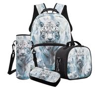 Poceacles Set di 4 zaini per ragazzi e borsa per il pranzo con borsa per la scuola alla moda astuccio portapranzo porta bottiglie d'acqua, Tigre Bianca Neve Mont, Taglia unica, Set di zaini per la