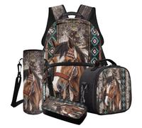 Poceacles Set di 4 zaini per ragazzi e borsa per il pranzo con borsa per la scuola alla moda astuccio portapranzo porta bottiglie d'acqua, Stile tribale del cavallo azteco, Taglia unica, Set di zaini