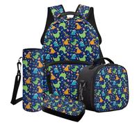 Poceacles Set di 4 zaini per ragazzi e ragazze, con borsa per la scuola, borsa per il pranzo, astuccio, zaino per la scuola primaria secondaria, Dinosauro Cartoon Blu, Taglia unica, Set di zaini per