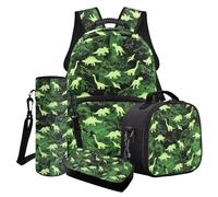 Poceacles Set di 4 zaini per ragazzi e ragazze, con borsa per la scuola, borsa per il pranzo, astuccio, zaino per la scuola primaria secondaria, Dinosauro verde mimetico, Taglia unica, Set di zaini