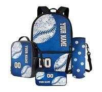 Poceacles Set di 4 zaini personalizzati per bambini per ragazzi ragazze adolescenti zaino isolato portapranzo astuccio portabottiglie borsa per la scuola personalizzata, blu baseball, Baseball Blu