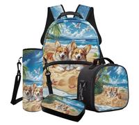 Poceacles Set di borse per la scuola 4 in 1 per ragazze e ragazzi, con grazioso zaino, borsa per il pranzo, astuccio, portabottiglie d'acqua, Carino Corgi Cane Gabbiano Spiaggia Stelle Marine Sea