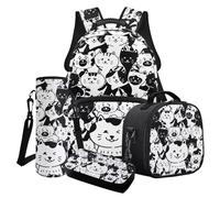 Poceacles Set di borse per la scuola 4 in 1 per ragazze e ragazzi, con grazioso zaino, borsa per il pranzo, astuccio, portabottiglie d'acqua, Gatto Cartoon Nero Bianco, Taglia unica, Set di zaini per