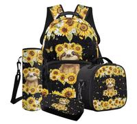 Poceacles Set di borse per la scuola 4 in 1 per ragazze e ragazzi, con grazioso zaino, borsa per il pranzo, astuccio, portabottiglie d'acqua, Bradipo Girasole Farfalla Margherita Nero, Taglia unica