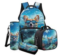 Poceacles Set di borse per la scuola 4 in 1 per ragazze e ragazzi, con grazioso zaino, borsa per il pranzo, astuccio, portabottiglie d'acqua, Occhiali da sole Corgi Dog Seagull Coral Starfish Blue