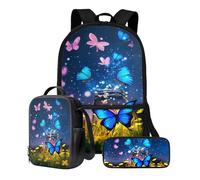 Poceacles Set di borse per libri per bambini con borsa per il pranzo e astuccio per matite per scuola materna elementare media, Farfalla Glitter, Taglia unica