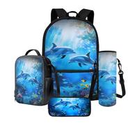Poceacles Set di libri per bambini 4 in 1, zaino per la scuola e borsa per il pranzo, per ragazzi e ragazze, con astuccio, custodia per bottiglia per la scuola, Dolphin Fish Coral Blue Sea, Taglia