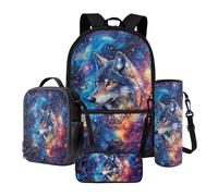 Poceacles Set di libri per bambini 4 in 1, zaino per la scuola e borsa per il pranzo, per ragazzi e ragazze, con astuccio, custodia per bottiglia per la scuola, Lupo Galassia, Taglia unica, Set di