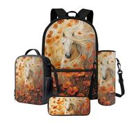 Poceacles Set di libri per bambini 4 in 1, zaino per la scuola e borsa per il pranzo, per ragazzi e ragazze, con astuccio, custodia per bottiglia per la scuola, Cavallo bianco papavero fiore, Taglia