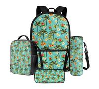 Poceacles Set di libri per bambini 4 in 1, zaino per la scuola e borsa per il pranzo, per ragazzi e ragazze, con astuccio, custodia per bottiglia per la scuola, Palma da cocco Frangipani Fiore Hawaii