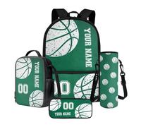 Poceacles Set di zaini per la scuola personalizzati con nome e numero, set da 4 pezzi con astuccio per matite, borsa per il pranzo e custodia per bottiglia, Basket Verde, Taglia unica, Set di zaini