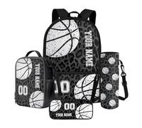 Poceacles Set di zaini per la scuola personalizzati con nome e numero, set da 4 pezzi con astuccio per matite, borsa per il pranzo e custodia per bottiglia, Pallone da calcio con stampa leopardata
