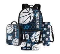 Poceacles Set di zaini per la scuola personalizzati con nome e numero, set da 4 pezzi con astuccio per matite, borsa per il pranzo e custodia per bottiglia, Pallone da calcio blu a nido d'ape, Taglia