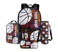 Poceacles Set di zaini per la scuola personalizzati con nome e numero, set da 4 pezzi con astuccio per matite, borsa per il pranzo e custodia per bottiglia, Football americano nero, Taglia unica, Set