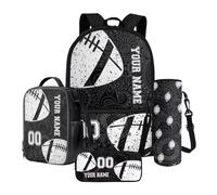 Poceacles Set di zaini per la scuola personalizzati con nome e numero, set da 4 pezzi con astuccio per matite, borsa per il pranzo e custodia per bottiglia, Astratto Geometrico Rosa Nero Football