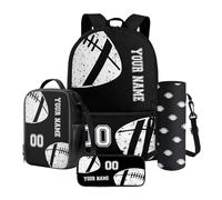 Poceacles Set di zaini per la scuola personalizzati con nome e numero, set da 4 pezzi con astuccio per matite, borsa per il pranzo e custodia per bottiglia, Football americano in marmo nero, Taglia