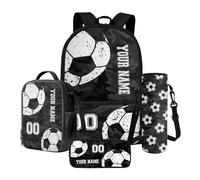 Poceacles Set di zaini per la scuola personalizzati con nome e numero, set da 4 pezzi con astuccio per matite, borsa per il pranzo e custodia per bottiglia, Galaxy Red Calcio, Taglia unica, Set di