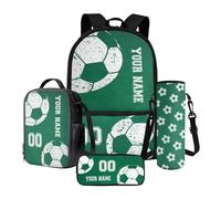 Poceacles Set di zaini per la scuola personalizzati con nome e numero, set da 4 pezzi con astuccio per matite, borsa per il pranzo e custodia per bottiglia, Calcio Verde, Taglia unica, Set di zaini