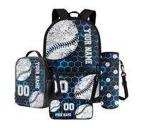 Poceacles Set di zaini per la scuola personalizzati con nome e numero, set da 4 pezzi con astuccio per matite, borsa per il pranzo e custodia per bottiglia, Football americano blu a forma di nido