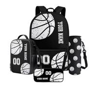 Poceacles Set di zaini per la scuola personalizzati con nome e numero, set da 4 pezzi con astuccio per matite, borsa per il pranzo e custodia per bottiglia, Baseball in marmo nero, Taglia unica, Set