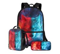 Poceacles Set di zaino e borsa per il pranzo per ragazzi e scuole elementari, 3 pezzi, borsa per la scuola con borsa per il pranzo e astuccio, Lupo Rosso Blu Fuoco, Taglia unica