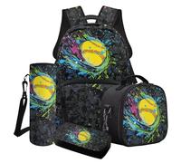 Poceacles Set di zaino per la scuola per ragazzi e adolescenti, set 4 in 1 con borsa termica per il pranzo, astuccio per matite e borsa per bottiglia d'acqua, Splatter Baseball Nero Camo, Taglia unica