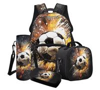 Poceacles Set di zaino per la scuola per ragazzi e adolescenti, set 4 in 1 con borsa termica per il pranzo, astuccio per matite e borsa per bottiglia d'acqua, Stampa di vernice con schizzi di calcio