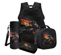 Poceacles Set di zaino per la scuola per ragazzi e adolescenti, set 4 in 1 con borsa termica per il pranzo, astuccio per matite e borsa per bottiglia d'acqua, Trattore Bandiera Tedesca Nero, Taglia