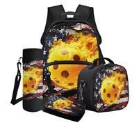Poceacles Set di zaino per la scuola per ragazzi e adolescenti, set 4 in 1 con borsa termica per il pranzo, astuccio per matite e borsa per bottiglia d'acqua, Pickleball Fiamma Bandiera Americana Nero