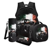 Poceacles Set di zaino per la scuola per ragazzi e adolescenti, set 4 in 1 con borsa termica per il pranzo, astuccio per matite e borsa per bottiglia d'acqua, Bandiera Italiana Trattore Nero, Taglia