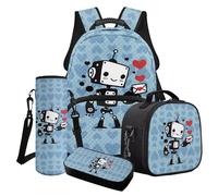 Poceacles Set di zaino per la scuola per ragazzi e adolescenti, set 4 in 1 con borsa termica per il pranzo, astuccio per matite e borsa per bottiglia d'acqua, Robot Lettera Amore Blu, Taglia unica
