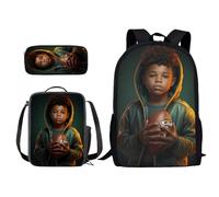 Poceacles Set di zaino scolastico per bambini e adolescenti, grande capacità, con borsa per il pranzo, astuccio per la scuola media elementare, Football americano ragazzo africano, Taglia unica
