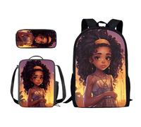 Poceacles Set di zaino scolastico per bambini e adolescenti, grande capacità, con borsa per il pranzo, astuccio per la scuola media elementare, Ragazza africana d'arte, Taglia unica