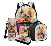Poceacles Set zaino per bambini per ragazzi e ragazze, set di 4 eleganti borse per la scuola con borsa per il pranzo, zaino, portapenne, portabottiglie, Stampa ad acquerello con cane Yorkshire Terrier