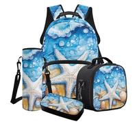 Poceacles Set zaino per bambini per ragazzi e ragazze, set di 4 eleganti borse per la scuola con borsa per il pranzo, zaino, portapenne, portabottiglie, Conchiglia di mare con stelle marine, Taglia