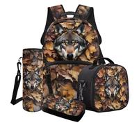 Poceacles Set zaino per ragazzi per scuola, viaggi, borsa termica per il pranzo, astuccio per matite, bottiglia d'acqua per ragazzi e bambini, Camo Caccia Lupo Foresta, Taglia unica, Set di zaini per