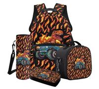 Poceacles Set zaino per ragazzi per scuola, viaggi, borsa termica per il pranzo, astuccio per matite, bottiglia d'acqua per ragazzi e bambini, Trattore a fiamma Tyrannosaurus Rex, Taglia unica, Set di