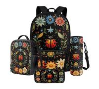 Poceacles Set zaino scuola 4 in 1 con borsa termica per il pranzo, astuccio portabottiglie, zaino per bambini, ragazzi, fiore coccinella nero, One Size, set di cartella, Fiore coccinella nero, One