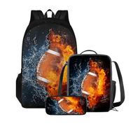 Poceacles Zaini per la scuola per ragazze con portapranzo, astuccio per il rientro a scuola, set di 3 zaino leggero per ragazzo, Football americano Water Fire