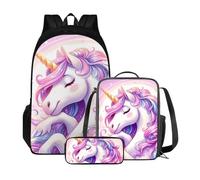 Poceacles Zaini per la scuola per ragazze con portapranzo, astuccio per il rientro a scuola, set di 3 zaino leggero per ragazzo, Unicorno